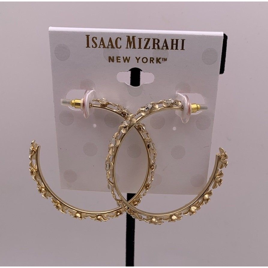 Isaac Mizrahi New York Gold Tone Floral Earrings 2 Inch Rhinestone New 12$